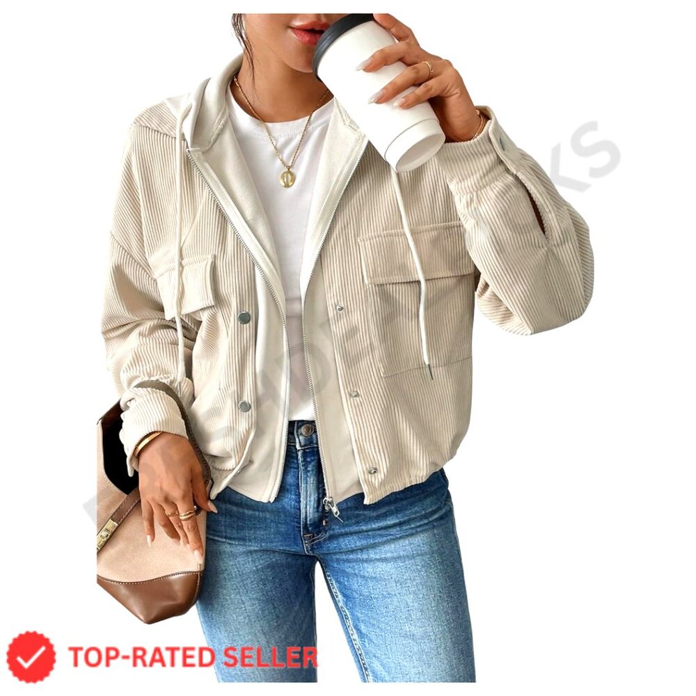Corduroy Zip Up Hooded Shacket Jacket Casual Oversized Outerwear with Pockets